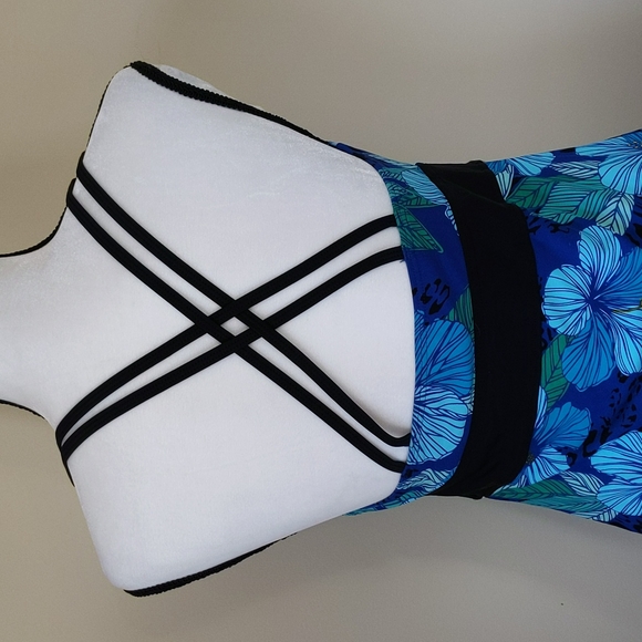 Tropical Escape Floral Strappy Padded Tankini Swim Top 10 Blue Green - Picture 8 of 14